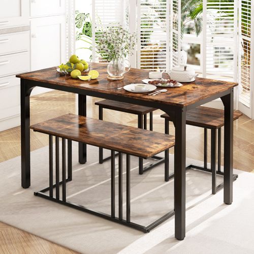 Ensemble Table à Manger 2 Banc 2 Tabourets Style Industriel Cadre En Métal Marron Rustique Et Noir