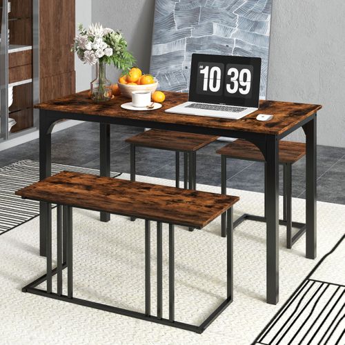 Ensemble Table à Manger 2 Banc 2 Tabourets Style Industriel Cadre En Métal Marron Rustique Et Noir
