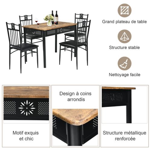 Ensemble Table à Manger Avec 4 Chaises Rembourrées Souples Cadre En Métal Laqué Noir