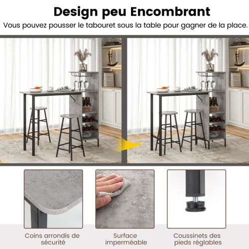 Ensmeble Table De Bar Mange Debout Avec 2 Tabourets 120 X 40 X 121,5 Cm Style Industriel Gris