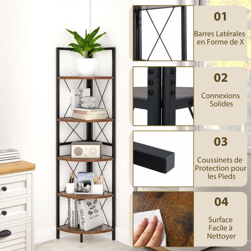 Étagère D'angle Bibliothèque Meuble De Rangement Industrielle à 5 Niveaux Brun Rustique