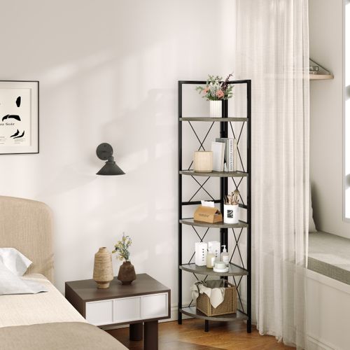 Étagère D'angle Bibliothèque Meuble De Rangement Industrielle à 5 Niveaux Gris Chêne