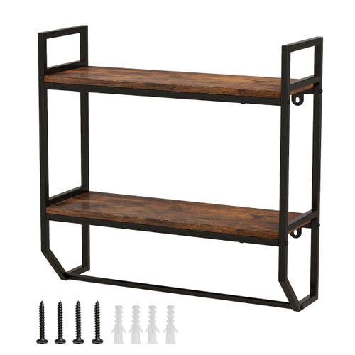 Étagère Murale Étagère Flottante Industriel 2 Niveaux Avec Barre De Suspension Brun