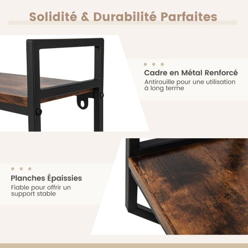 Étagère Murale Étagère Flottante Industriel 2 Niveaux Avec Barre De Suspension Brun
