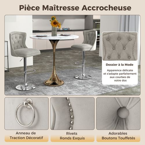 Lot De 2 Chaises De Bar En Velours Chaise Pivotante Réglable Gris