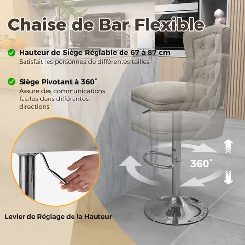 Lot De 2 Chaises De Bar En Velours Chaise Pivotante Réglable Gris