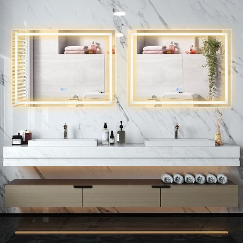 Miroir De Salle De Bain LED 80x60 Cm Miroir Mural Rectangulaire Avec Lumières à 3 Couleurs