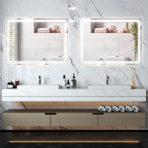 Miroir De Salle De Bain LED 80x60 Cm Miroir Mural Rectangulaire Avec Lumières à 3 Couleurs