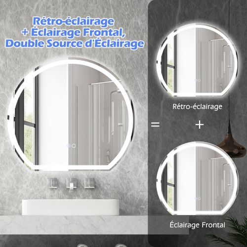 Miroir LED 60 X 54 Cm Mural Avec Lumières à Intensité Variable à 3 Couleurs Sans Cadre