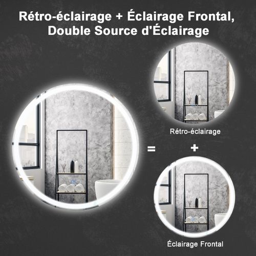 Miroir Rond Mural Dia.60 Cm Avec Lumières à 3 Couleurs Interrupteur Tactile Fonction Sans Cadre