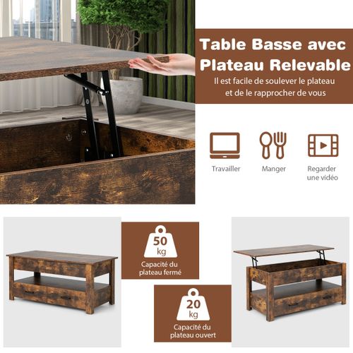 Table Basse, Table De Salon Relevable à 2 Niveaux Avec 2 Tiroirs Industriel Brun Rustique