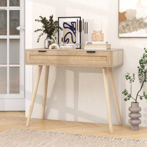 Table Console, Table D'entrée Rotin Avec Tiroir Coulissant Bois Naturel