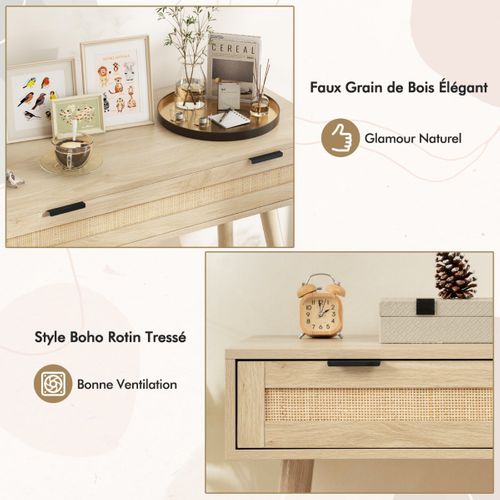 Table Console, Table D'entrée Rotin Avec Tiroir Coulissant Bois Naturel