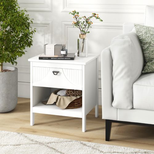 Table D'appoint - Table De Chevet à 2 Niveaux Avec Tiroir Bois 45 X 40 X 50 Cm Blanc