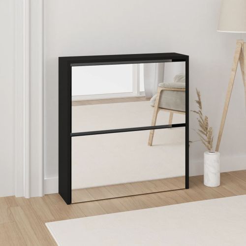Armoire à Chaussures - Meuble à Chaussures Avec Miroir à 2 Niveaux Noir 63x17x67 Cm E106