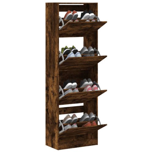 Armoire à Chaussures - Meuble à Chaussures 4 Tiroirs Rabattables Chêne Fumé E71