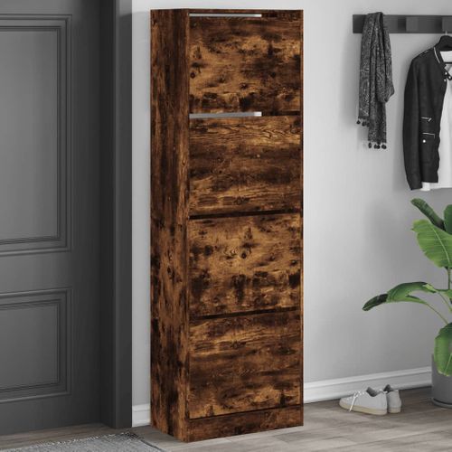 Armoire à Chaussures - Meuble à Chaussures 4 Tiroirs Rabattables Chêne Fumé E71