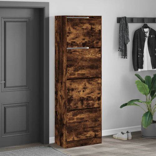 Armoire à Chaussures - Meuble à Chaussures 4 Tiroirs Rabattables Chêne Fumé E71