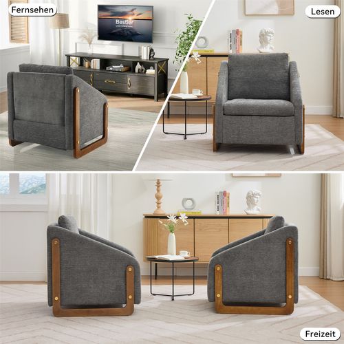 Fauteuil Moderne En Chenille Pour Salon, Accoudoirs En Bois – 73,5 × 73,5 × 73,5cm