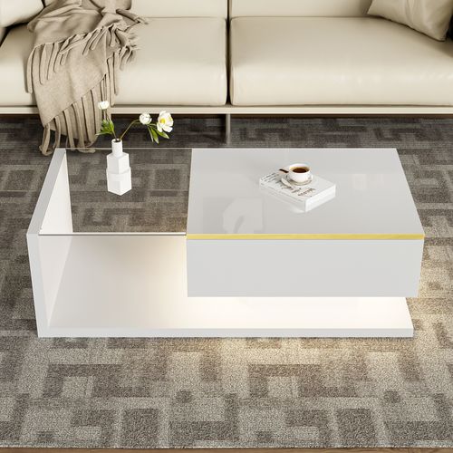 Table Basse Table De Salon LED - 100x50x32.5cm Blanc Panneaux De Particules