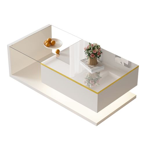 Table Basse Table De Salon LED - 100x50x32.5cm Blanc Panneaux De Particules