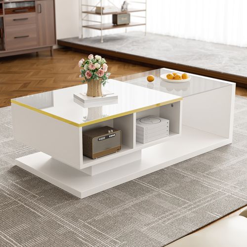 Table Basse Table De Salon LED - 100x50x32.5cm Blanc Panneaux De Particules