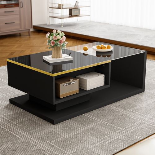 Table Basse Table De Salon LED - 90x50x32.5cm Noir Panneaux De Particules