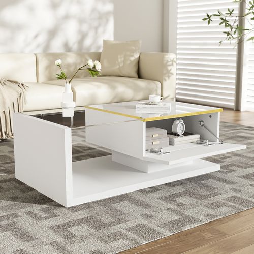 Table Basse Table De Salon LED - 90x50x32.5cm Blanc Panneaux De Particules