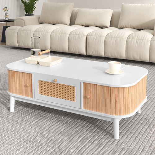 Table Basse Table De Salon Avec 2 Portes Coulissantes - 110x55x38.5cm Blanc Mdf