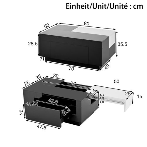 Table Basse Extensible Table De Salon LED Réglable - 80x50x35.5cm Noiretblanc Mdf