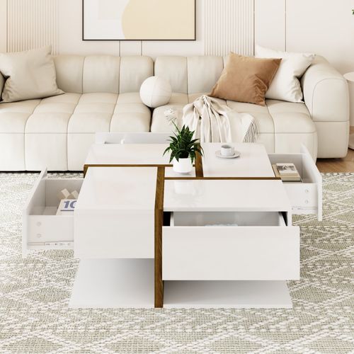 Table Basse Table De Salon Avec 4 Tiroirs - 78x78x34.8cm Blanc Panneaux De Particules