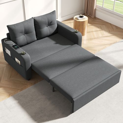 Canapé-lit à 2 Places, Canapé Convertible Avec Porte-gobelet Prise USB Moderne 131x81x94cm Gris