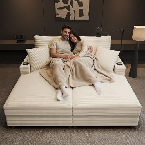 Canapé-lit à 2 Places, Canapé Convertible Avec Prise USB Et Porte-gobelet 163x140x82cm Beige