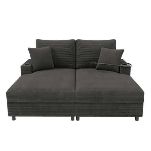 Canapé-lit à 2 Places, Canapé Convertible Avec Prise USB Et Porte-gobelet 163x140x82cm Gris