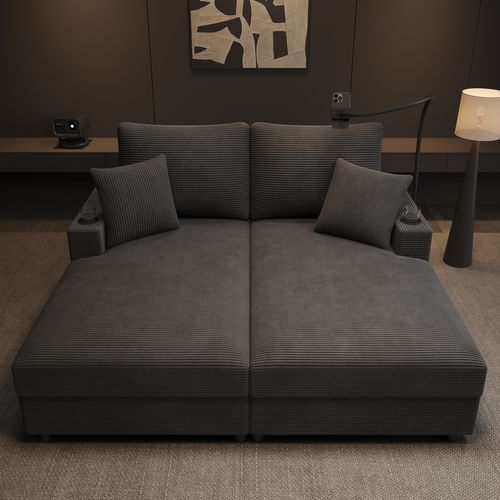 Canapé-lit à 2 Places, Canapé Convertible Avec Prise USB Et Porte-gobelet 163x140x82cm Gris