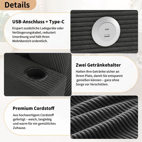 Canapé-lit à 2 Places, Canapé Convertible Avec Prise USB Et Porte-gobelet 163x140x82cm Gris