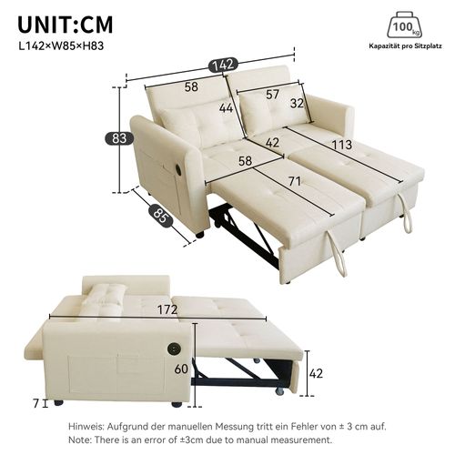 Canapé-lit à 2 Places, Canapé Convertible Dossier Réglable Avec USB Et Coussins 142x85x83cm Beige