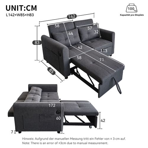 Canapé-lit à 2 Places, Canapé Convertible Dossier Réglable Avec USB Et Coussins 142x85x83cm Gris