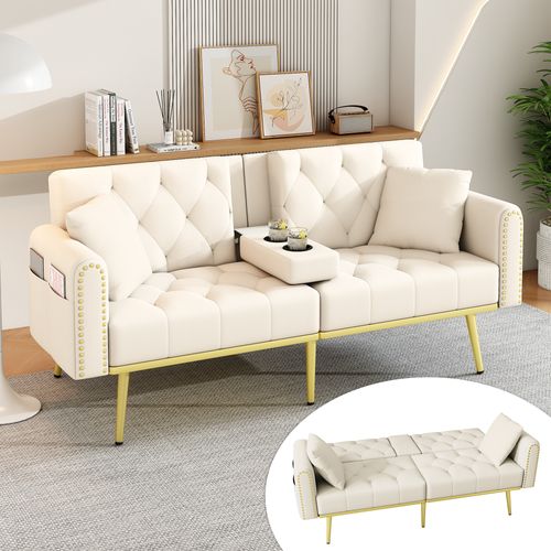 Canapé-lit, Canapé Convertible En Tissu Dossier Réglable Avec Porte-gobelet 175x80x73.5cm Beige