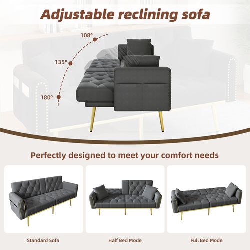 Canapé-lit, Canapé Convertible En Tissu Dossier Réglable Avec Porte-gobelet 175x80x73.5cm Gris