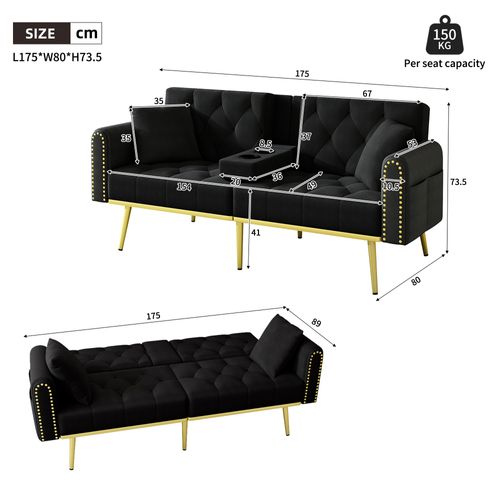Canapé-lit, Canapé Convertible En Tissu Dossier Réglable Avec Porte-gobelet 175x80x73.5cm Noir