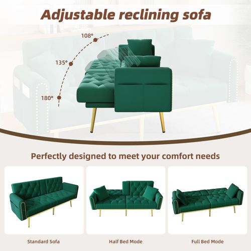 Canapé-lit, Canapé Convertible En Tissu Dossier Réglable Avec Porte-gobelet 175x80x73.5cm Vert