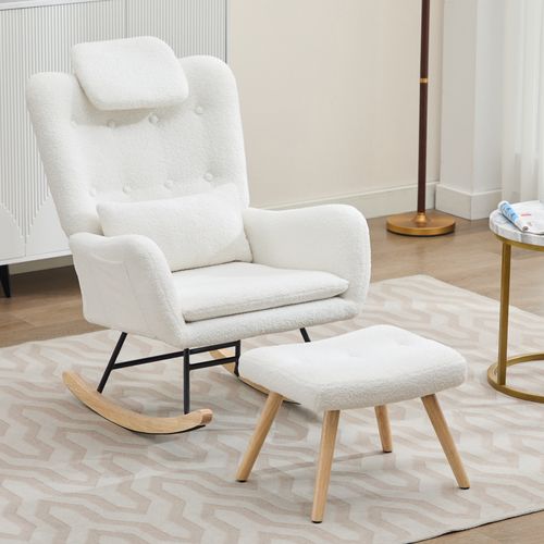 Rocking-chair, Fauteuil à Bascule Avec Repose-pieds En Velours Teddy 73x92x102cm Blanc