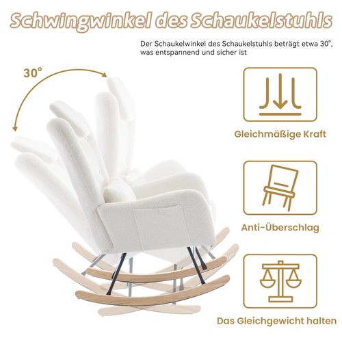 Rocking-chair, Fauteuil à Bascule Avec Repose-pieds En Velours Teddy 73x92x102cm Blanc