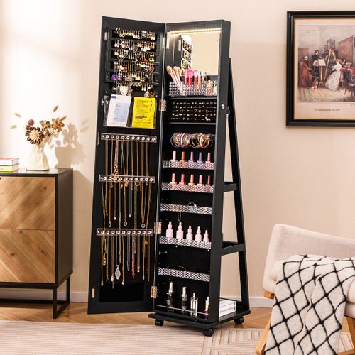 3 En 1 Armoire à Bijoux Sur Roulettes Miroir Psyché Sans Cadre Lumières LED Étagères Réglables