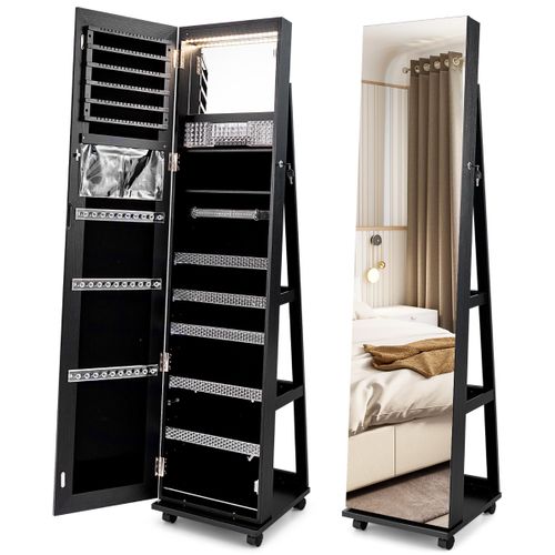 3 En 1 Armoire à Bijoux Sur Roulettes Miroir Psyché Sans Cadre Lumières LED Étagères Réglables