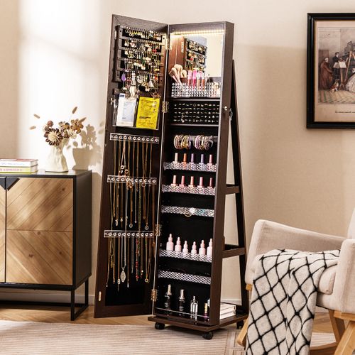 3 En 1 Armoire à Bijoux Sur Roulettes Miroir Psyché Sans Cadre Lumières LED Étagères Réglables