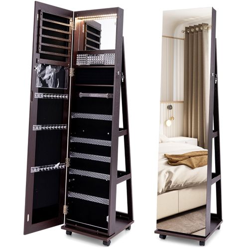3 En 1 Armoire à Bijoux Sur Roulettes Miroir Psyché Sans Cadre Lumières LED Étagères Réglables