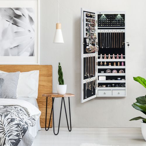 Armoire à Bijoux Avec LED Miroir Et Tiroirs Pour Maquillage Bijoux 37 X 9,5 X108 Cm Blanc