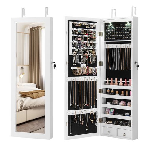 Armoire à Bijoux Avec LED Miroir Et Tiroirs Pour Maquillage Bijoux 37 X 9,5 X108 Cm Blanc